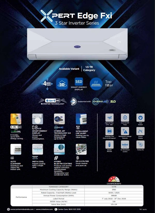 Carrier 1.5 ton 3 Star Inverter Split AC-19K XPERT EDGE FXi - Image 10